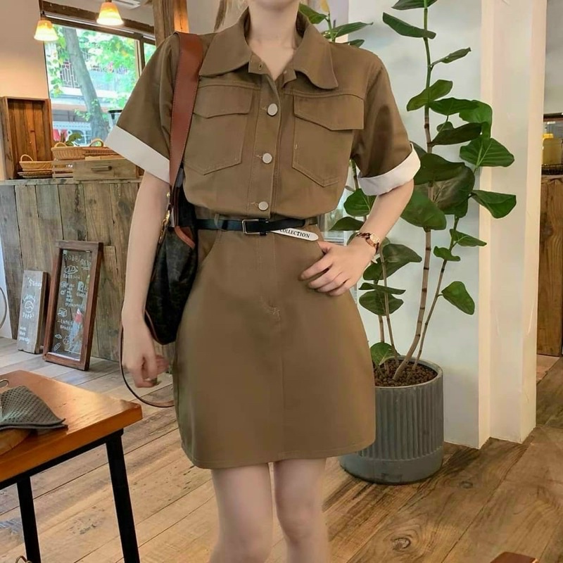Đầm Kaki Túi Hộp Phối Đai Siêu Xinh Dáng Ngắn Và Dáng Dài