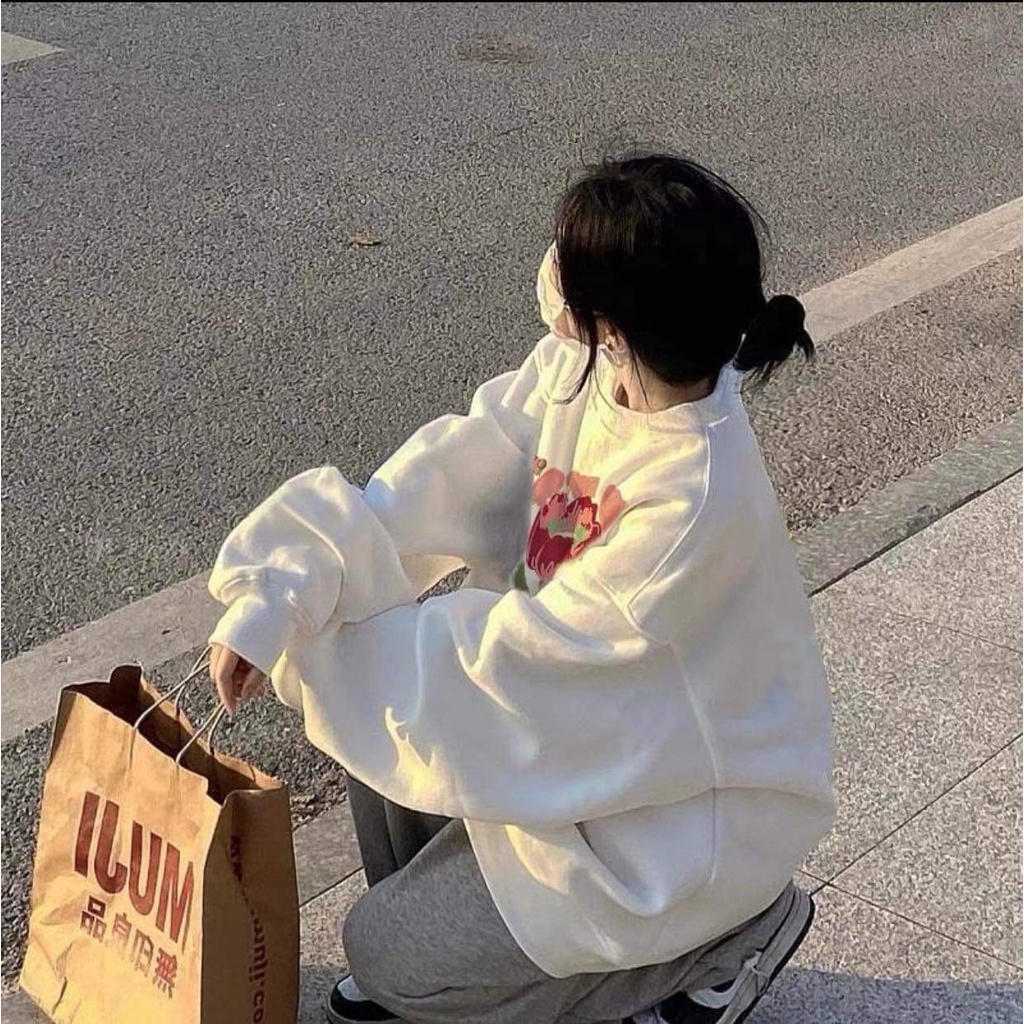 Áo nỉ sweater hoa hồng vintage oversize  Sweaters form rộng tay phồng kiểu dáng đường phố hàn quốc peonyb