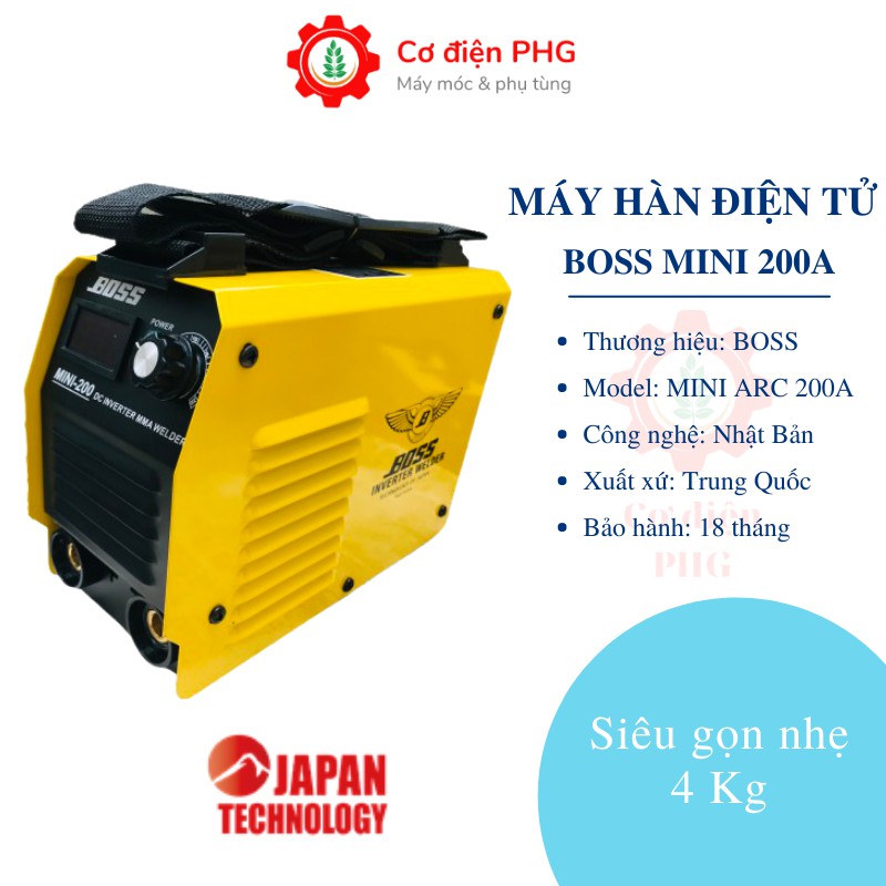 Máy hàn điện tử BOSS MINI ARC 200A | Công suất 200A | Sử dụng que hàn 1,6 - 3,2 ly | Công nghệ Nhật Bản | Máy hàn que