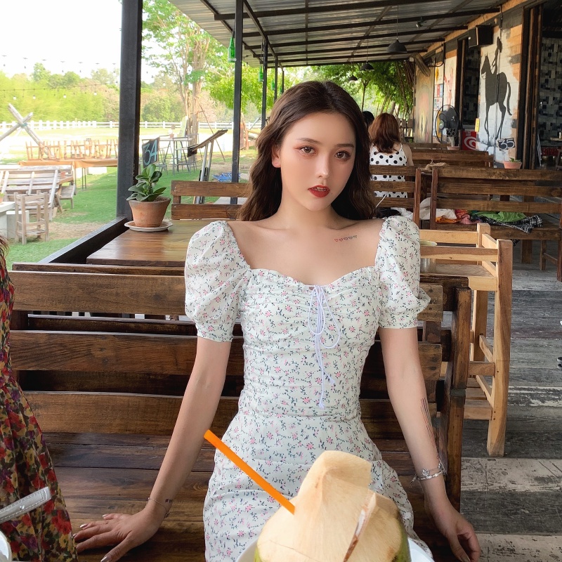 Đầm ngắn tay bằng voan họa tiết hoa phong cách retro Hàn Quốc thời trang dành cho nữ