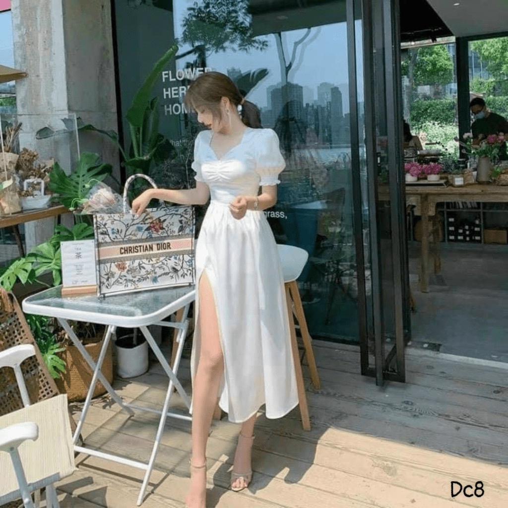 (Mẫu Mới) Mẫu Siêu Hot - - Đầm Phi Lụa Chẻ Váy Tay Bo Chuẩn Hàng Quảng Châu UP h.h.p