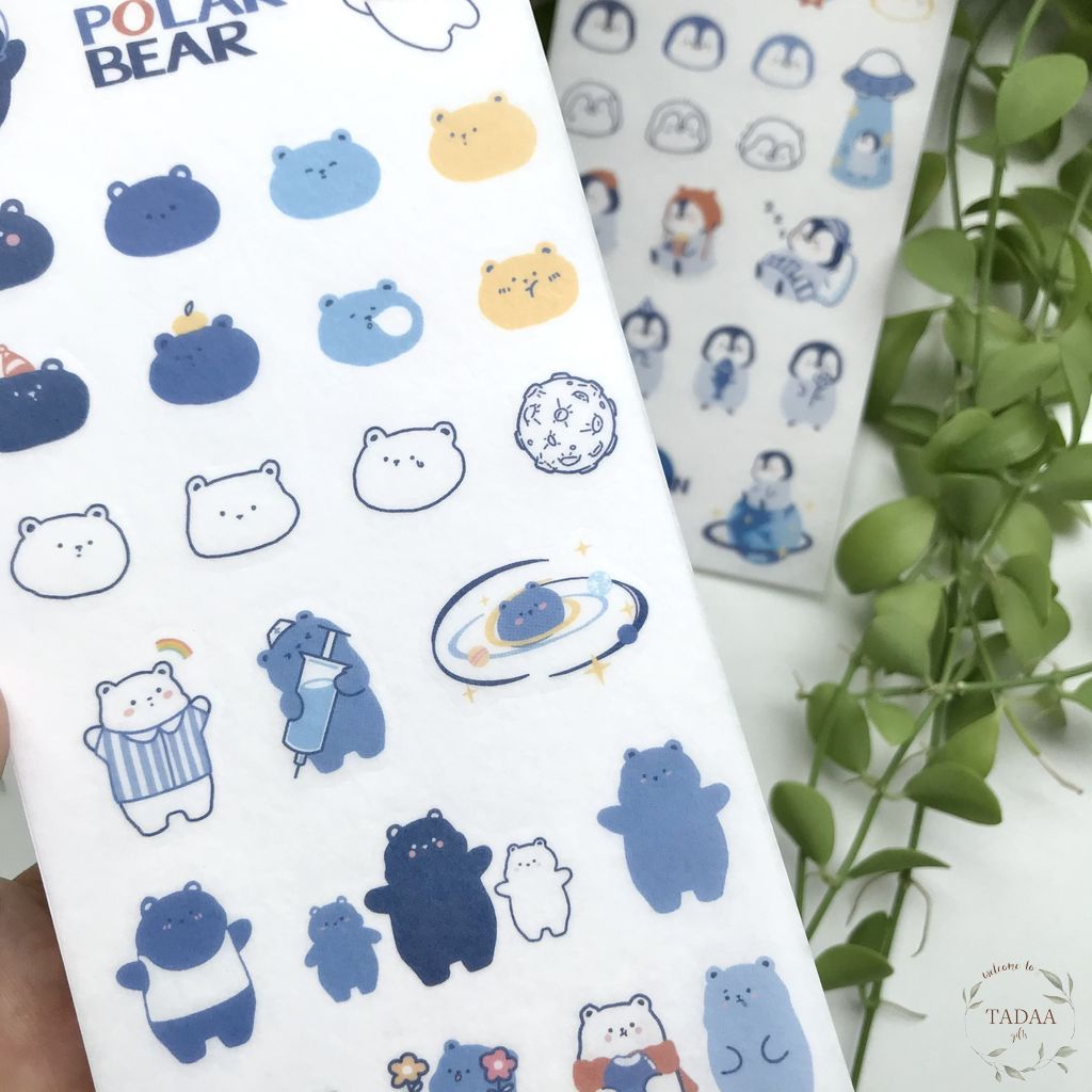 Sticker gấu xanh và chim cánh cụt xanh cute trang trí sổ tay, nhật ký, bullet journal