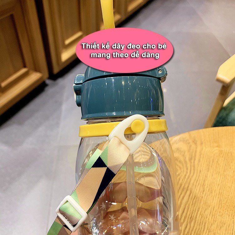 Bình Nước Cho Bé, Bình Nước Đi Học 600ml Bình Nước Có Ống Hút Và Dây Đeo Sừng Bưu BN10