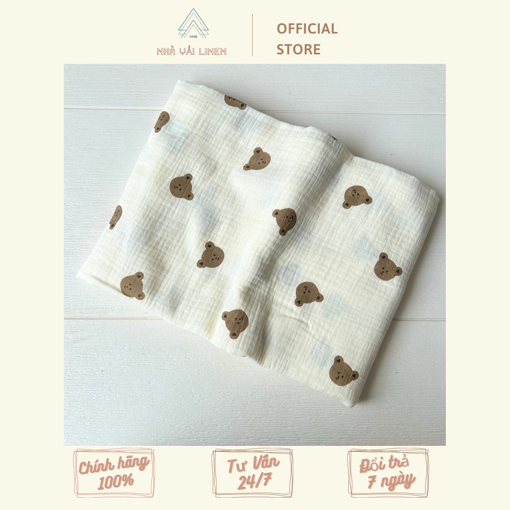 Vải Họa Tiết Xô Muslin Gấu Bear Nền Be - Muslin Nâu Nhà Vải Linen
