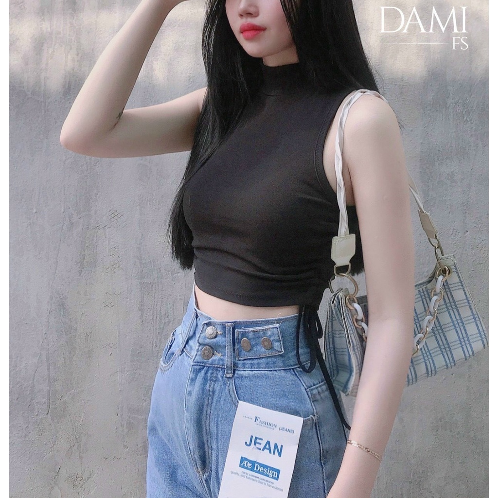 Áo kiểu sát nách cổ lọ trơn rút dây 2 bên cực xinh , chất thun gân mềm mịn