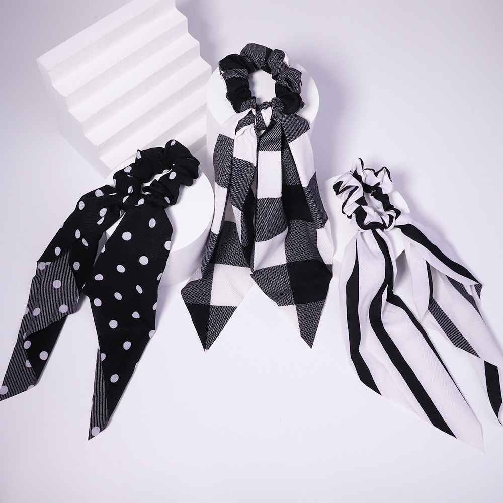 Dây buộc tóc RAINBOW BOWS nơ họa tiết caro trắng đen dễ phối đồ cho nữ