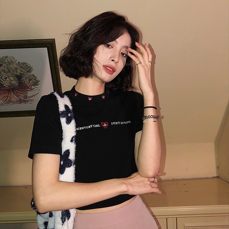 Áo Thun Croptop Tay Ngắn Dáng Ôm Thêu Chữ Thời Trang Cho Nữ