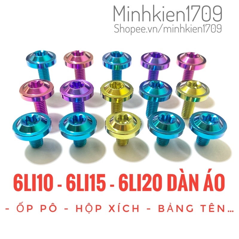 Ốc titan 6li10 6li15 6li20 dù to dày gắn dàn áo ốp pô hộp xích bảng tên