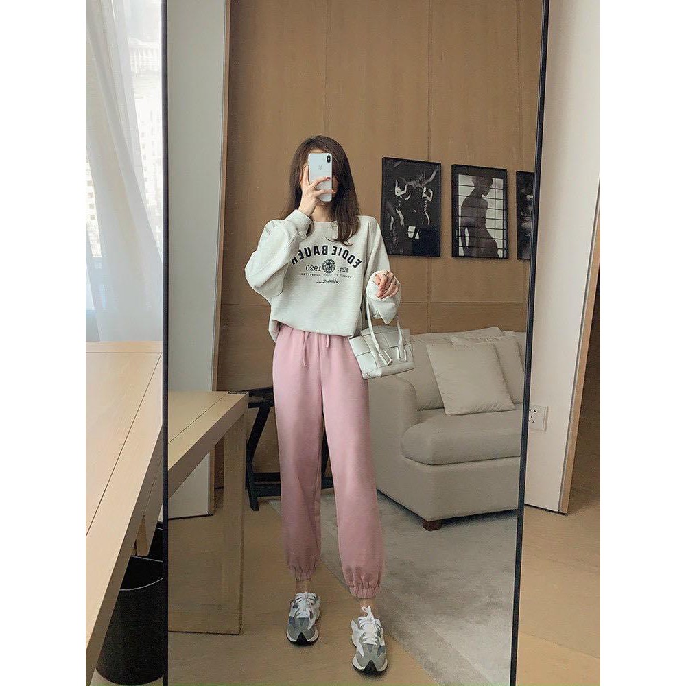 Bộ Thể Thao Nữ Thu Đông Cao Cấp, Set Bộ Nỉ Áo Xám Quần Hồng Bo Gấu Freesize Phong Cách Hàn Quốc. | BigBuy360 - bigbuy360.vn