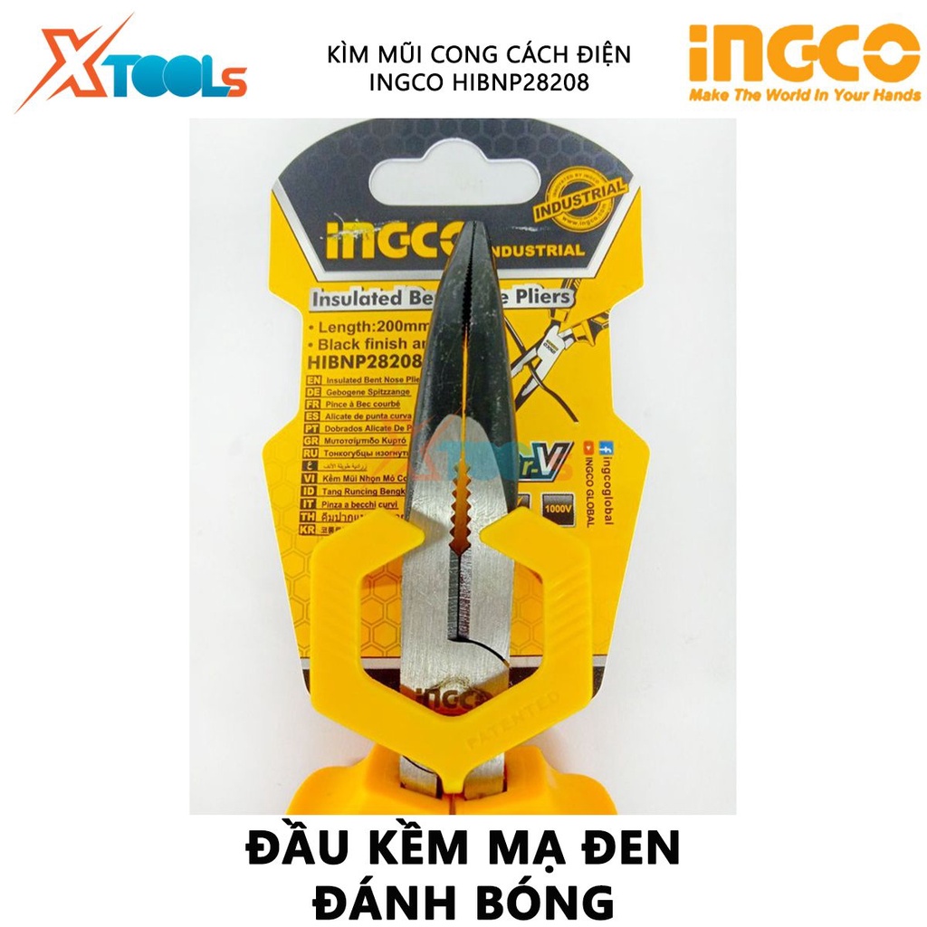 Kềm mũi cong cách điện INGCO HIBNP28208 | Kìm cắt công nghiệp Kích thước 8&quot;/200mm Đầu kềm được đánh bóng và chống gỉ, dù