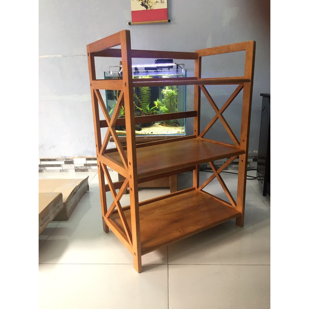 Kệ Lò Vi Sóng Gỗ Cao Su 3 Tầng 64cm