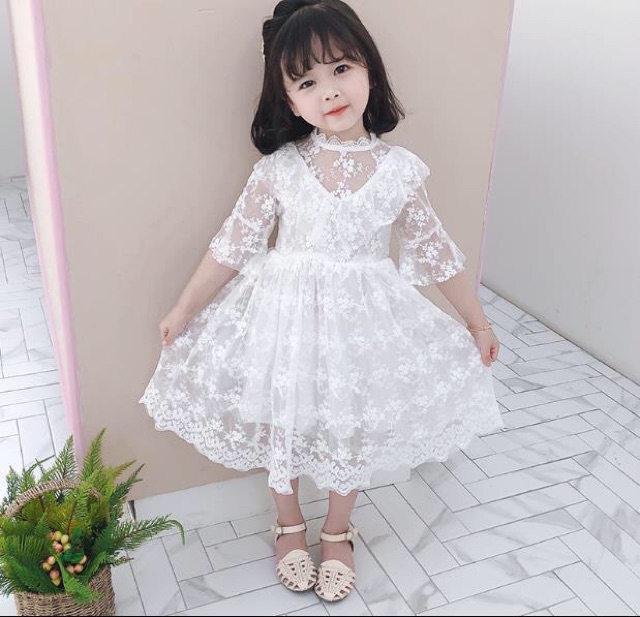 Váy đầm tiểu thư công chúa dáng dài maxi bé gái ren thêu siêu phẩm xinh xắn 16-30kg