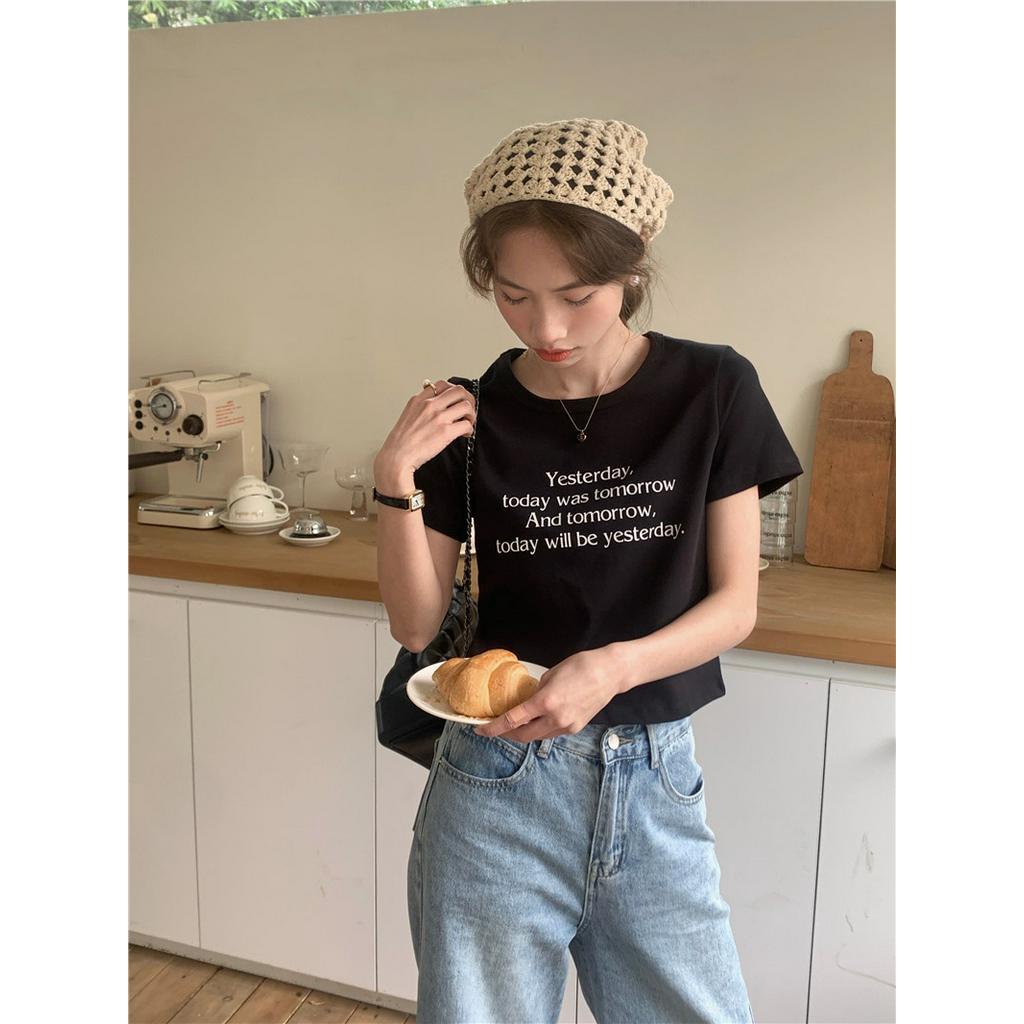 Áo Thun Cổ Tròn Ngắn Tay In Chữ Phong Cách Hàn Quốc 63506 2 Màu Cá Tính