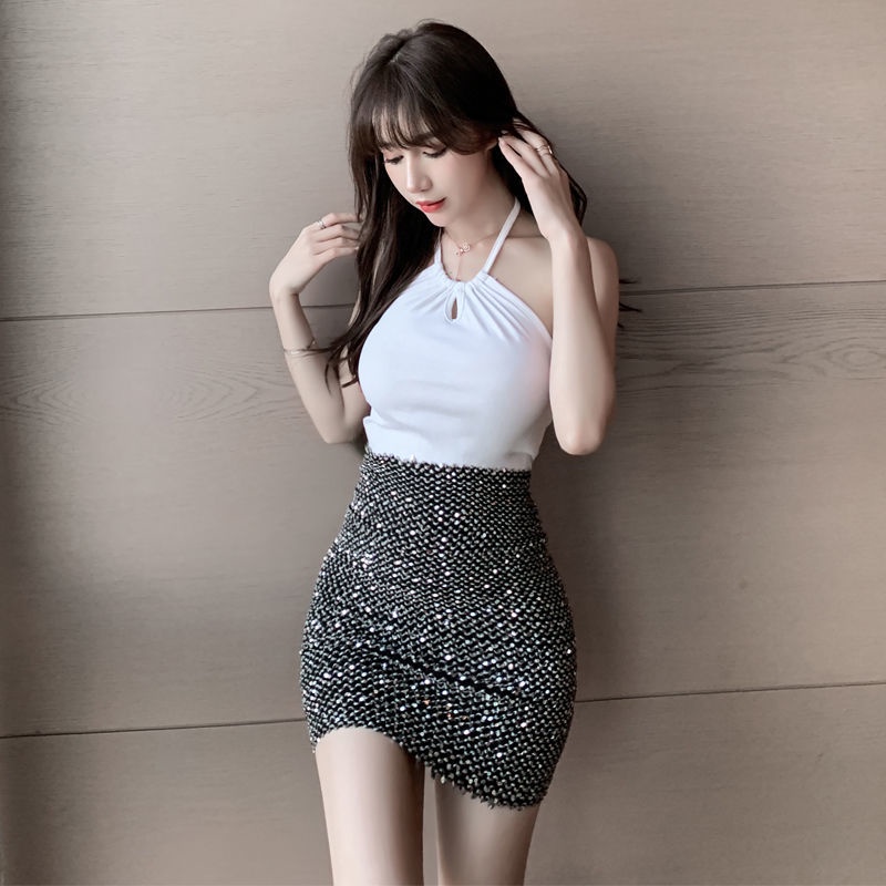 Chân Váy Ngắn Lưng Cao Co Giãn Đính Sequin Lấp Lánh Phong Cách Hàn Quốc Thời Trang Quyến Rũ Cho Nữ