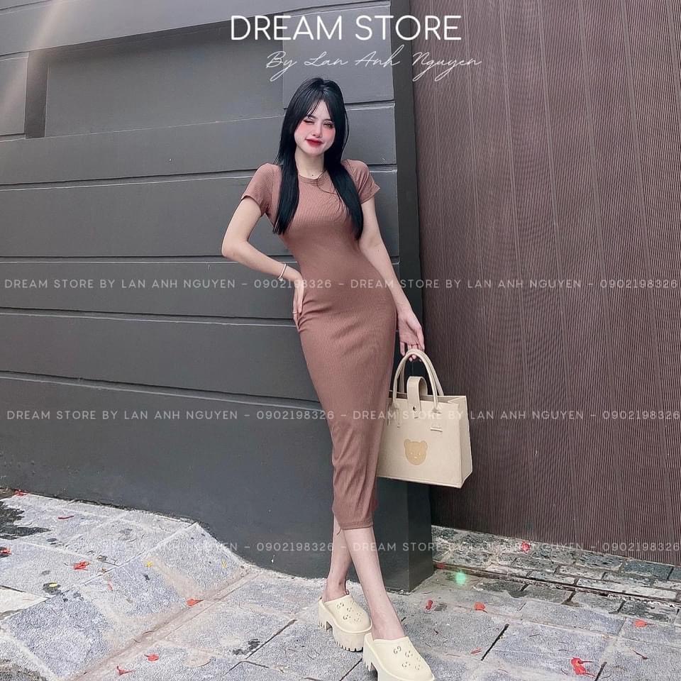 Đầm Body Cổ Tròn Tay Ngắn Hoa Lưng Chất Thun Gân Xương Cá Thích Hợp Mặc Đi Tiệc Đi Làm Đi Chơi
