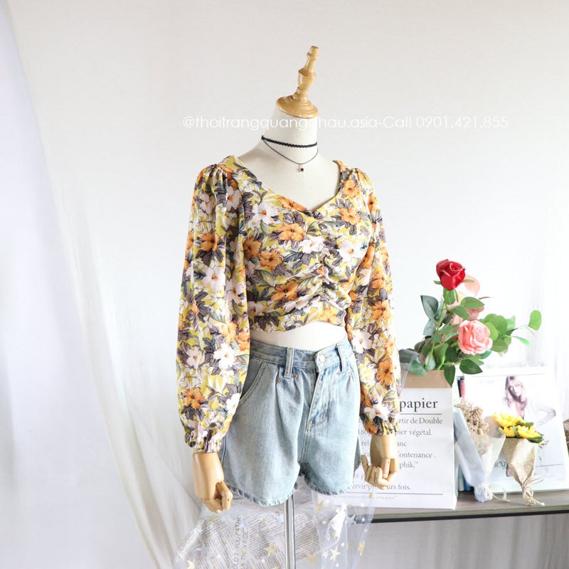 Áo Croptop Voan Hoa "Dài Tay" Cổ V Sang Trọng “Style Hàn Quốc” QC60