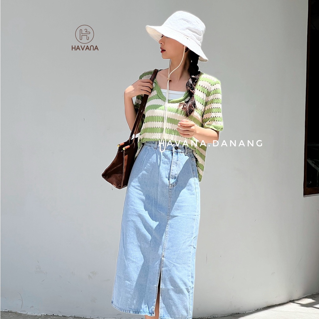 Áo len ngắn tay cổ tròn sọc ngang, áo lỗ cộc tay phong cách AE211