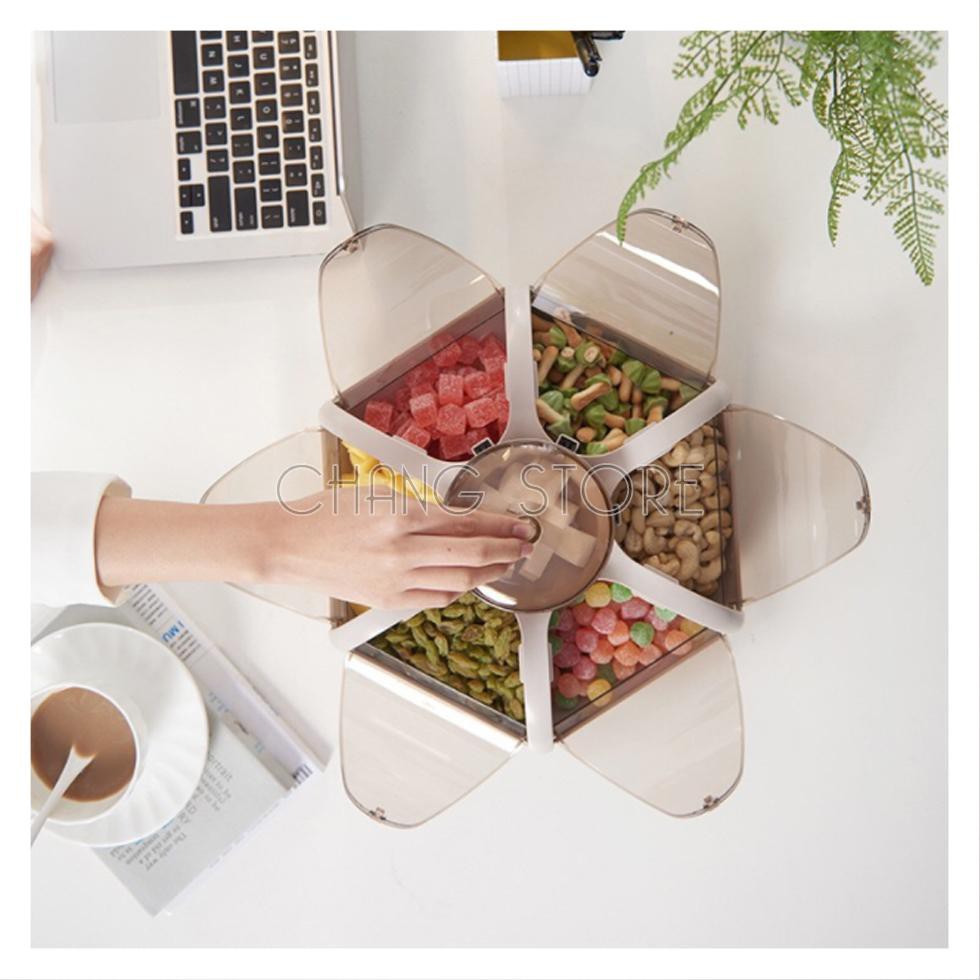 Khay mứt tết, khay mứt bánh kẹo tết hình bông hoa tự bung nắp 6 cánh độc lạ