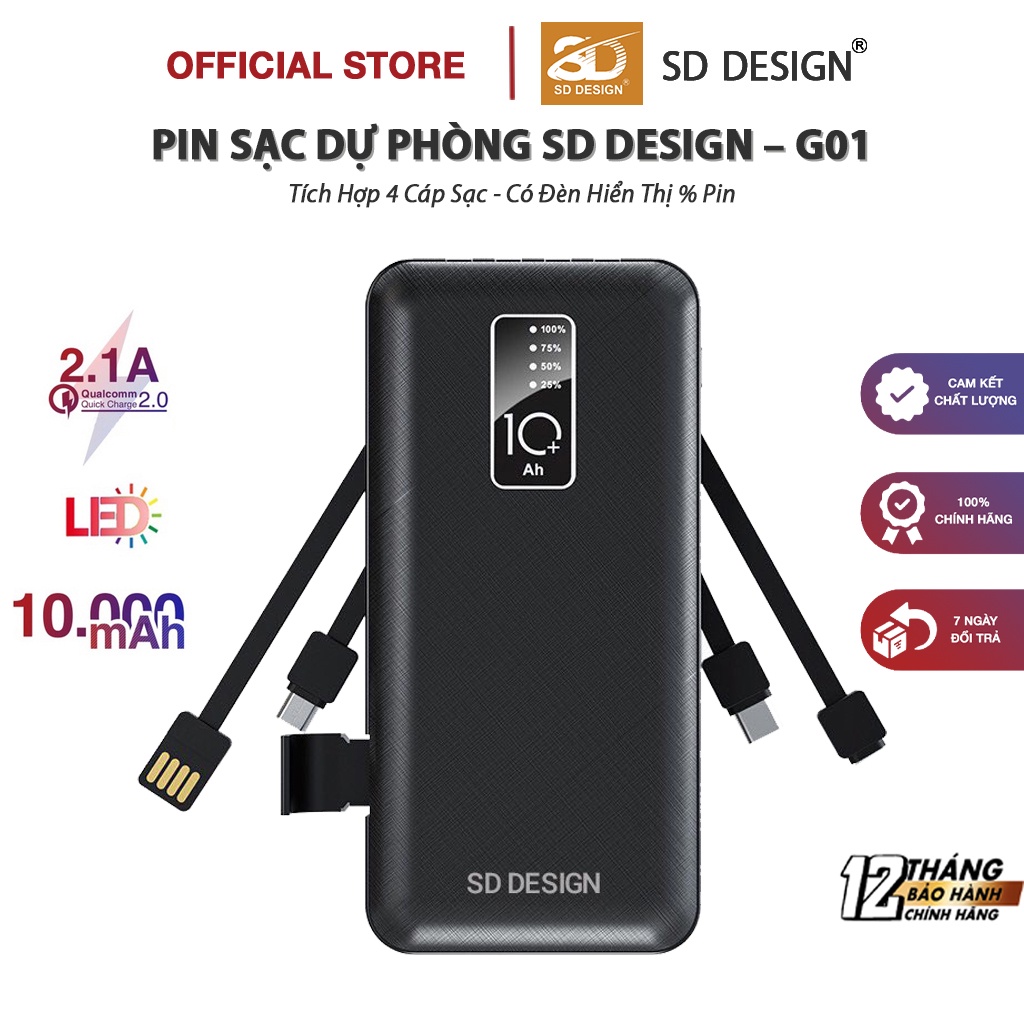Sạc dự phòng 10.000 mAh chính hãng SD DESIGN G01 dung lượng cao có đầy đủ chân sạc cho thiết bị di động