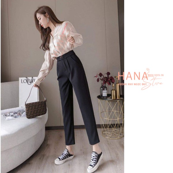 Quần tây nữ công sở dài 95cm có đai khóa 2 cúc khuy bấm - Dáng quần baggy công sở Đen - Vải dày Vitex - Học sinh đi học