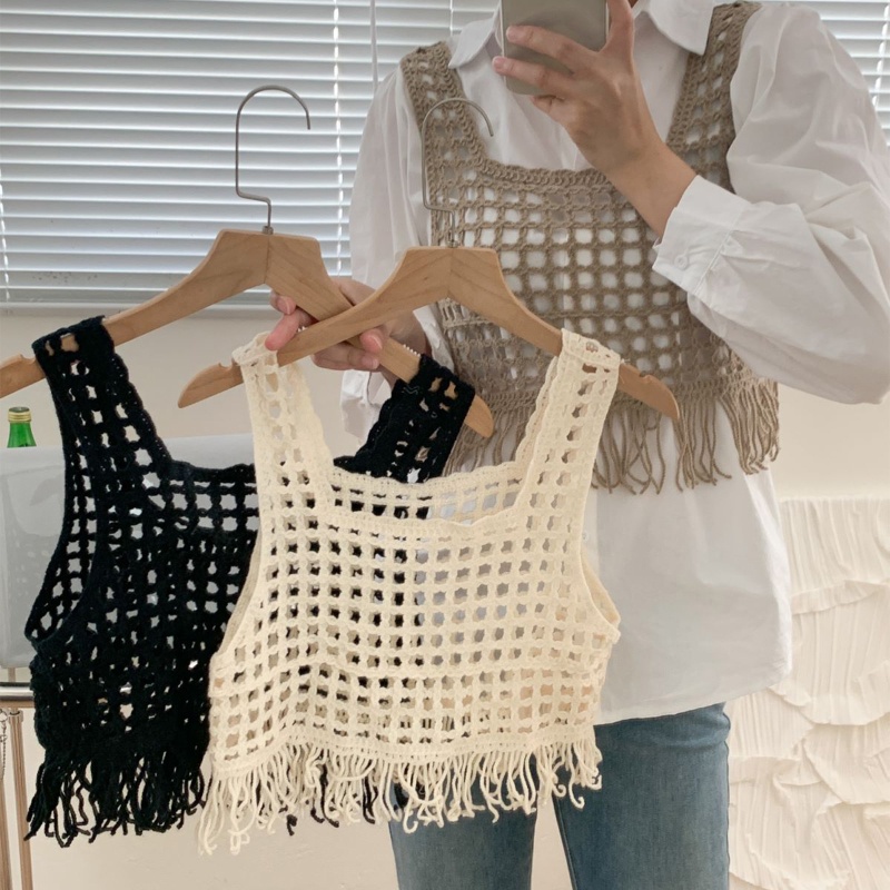 Xiangbao Áo Không Tay Mini Phối Tua Rua Phong Cách Pháp Thanh Lịch Cho Nữ