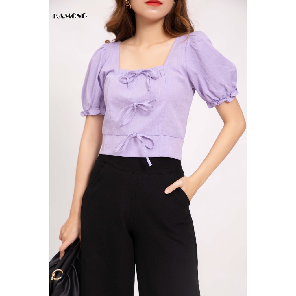 Áo croptop cổ vuông phối nơ KAMONG A076