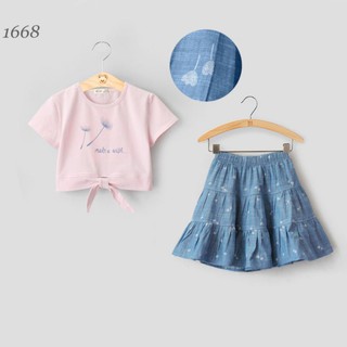 Set BG áo thun cotton 4C+ chân váy jean bò giấy họa tiếtSize 3-10