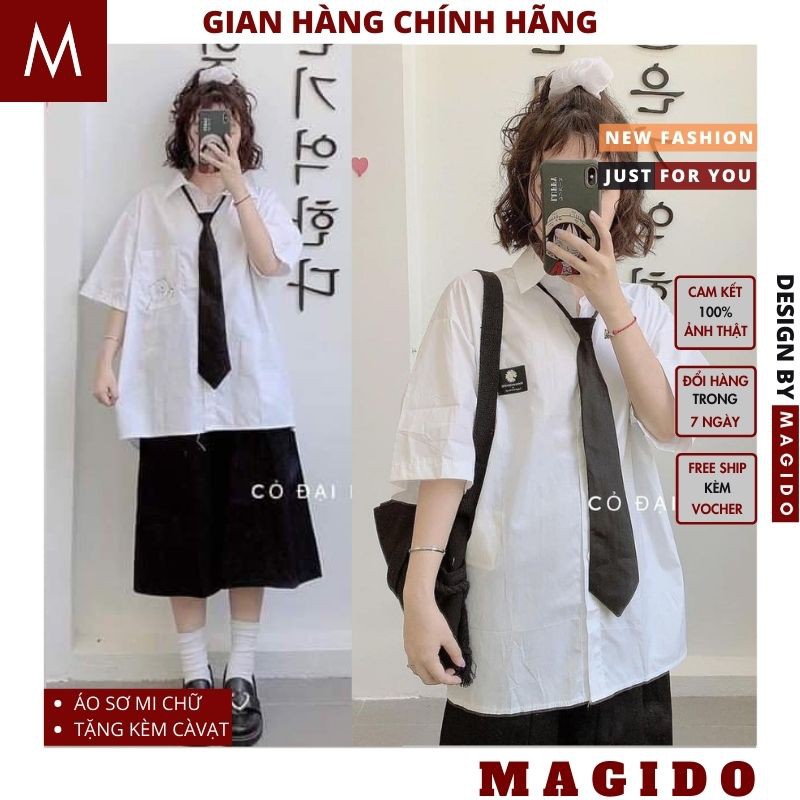 (QUÀ TẶNG LÀ DÂY BUỘC TÓC) áo sơ mi nữ kèm cà vạt 💚 áo sơ mi thêu hoa cúc, thêu gấu nữ trắng cực xinh, kèm cà vạt MAGIDO | BigBuy360 - bigbuy360.vn