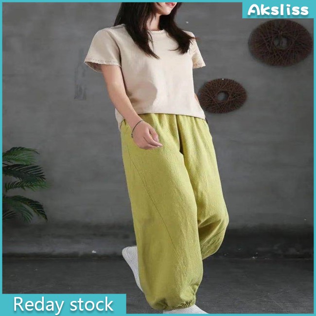 aksdiss Cotton  Linen  Women  Pants  Summer Retro Jogger Pants Loose Solid Color Casual Ninth Pants