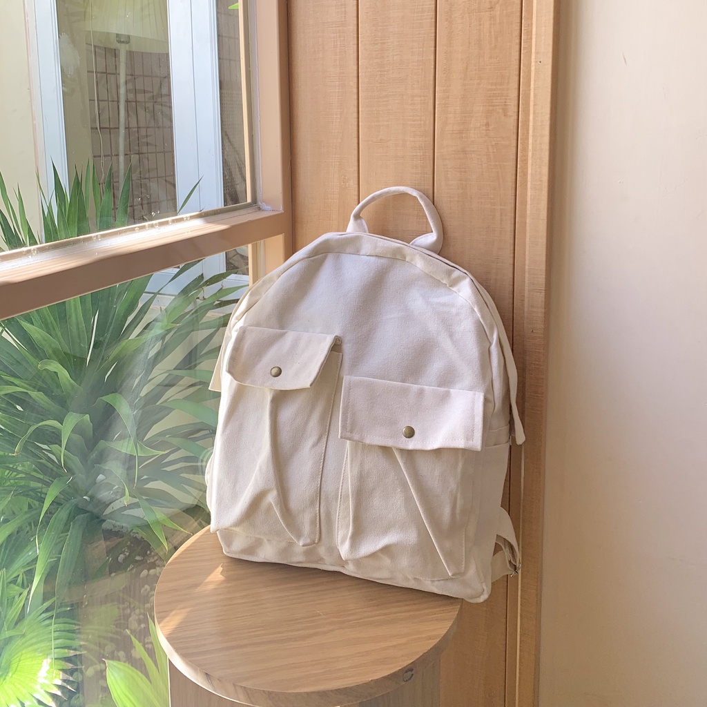 Balo vải canvas màu kem có ngăn nhỏ tiện lợi style unisex