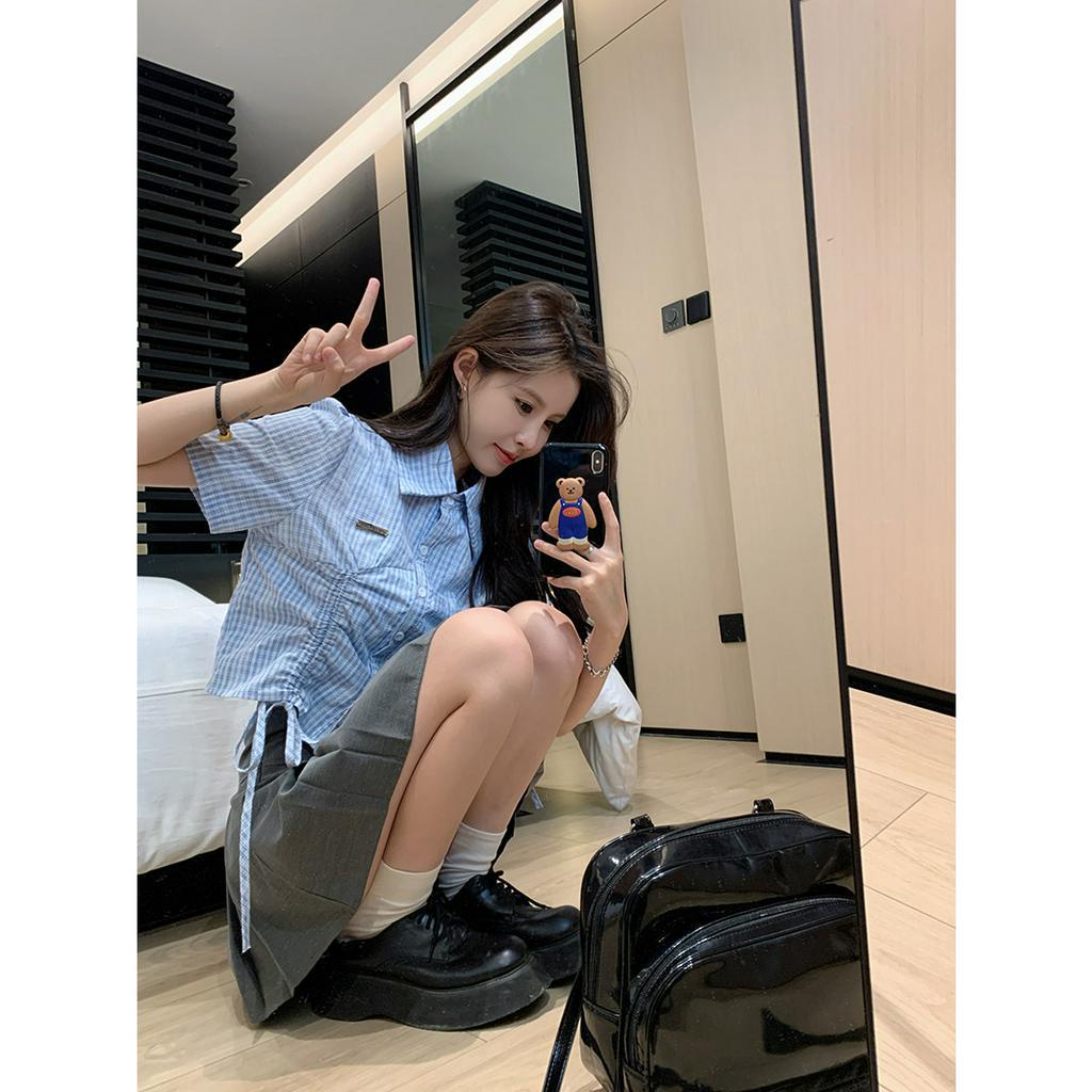 「 WELOVE1 」Áo Sơ Mi Ngắn Tay Dây Rút Họa Tiết Caro Xanh Dương Thời Trang Hàn Quốc Cho Nữ