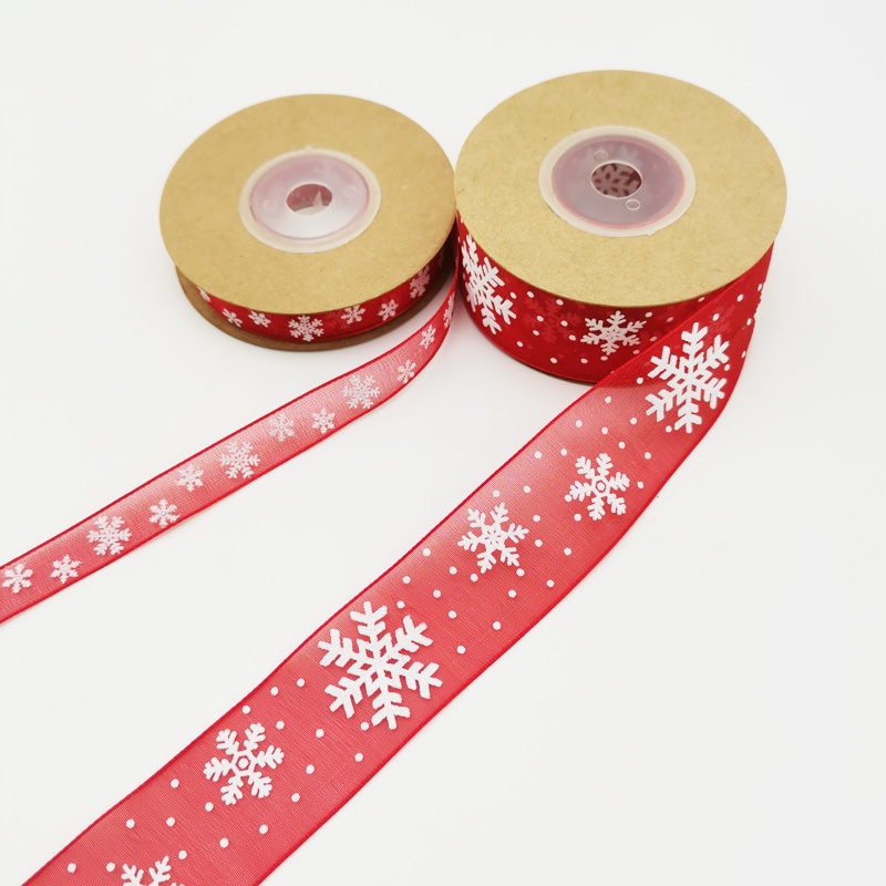 Cuộn Dây Ruy Băng Họa Tiết Bông Tuyết Màu Đỏ 10M 10mm / 25mm