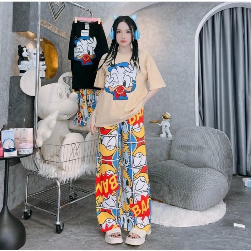 Set áo cotton hồng vịt đáng yêu quần suông xinh xắn hình và video thật N4