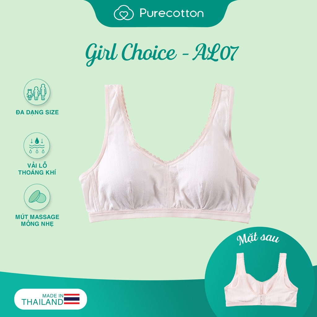 Áo lót không gọng Purecotton cho bé gái chất liệu cotton cao cấp kiểu dáng cài sau có đệm mỏng PC019