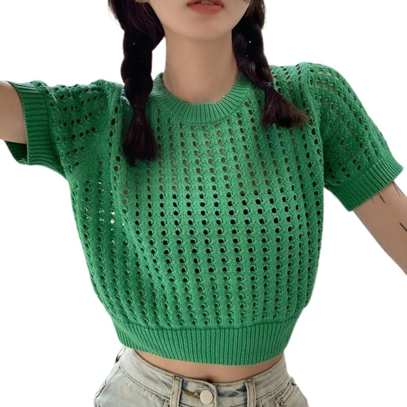 Áo Croptop Đan Len Tay Ngắn Cổ Tròn Màu Sắc Đơn Giản Thời Trang Mùa Hè Cho Nữ