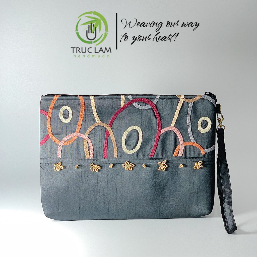 Ví Cầm Tay Đựng Ipad Clutch Thêu Móc Xích Đính Hạt Cườm Vải Tafta Cỡ To - Trúc Lâm Handmade