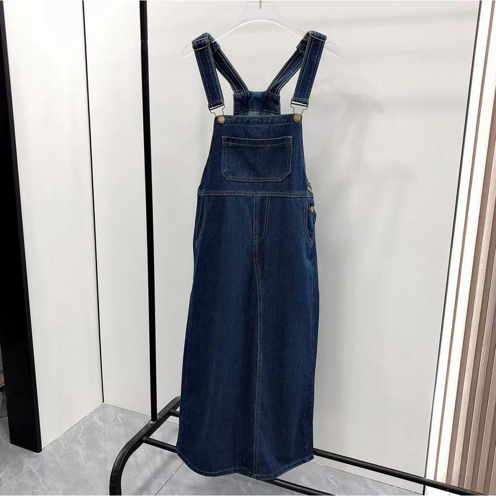 [Hàng chuẩn loại 1 - Sẵn từ S - 2XL] Đầm yếm jeans dài trơn túi to xanh đậm Hàn Quốc siêu phẩm yếm bò năng động, yếm dài