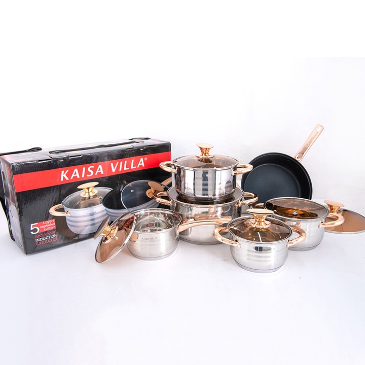 Bộ Nồi Vung Kính KAISA VILLA 6 Món 12 Chi Tiết Mã KV-6618 Tay Cầm Tráng Men Chống Dính