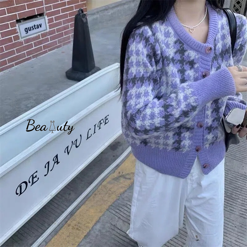 Áo Cardigan Dệt Kim Dáng Rộng Màu Tím Thời Trang Thu Đông Cho Nữ