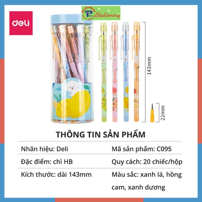 Bút chì khúc học sinh HB Deli kèm đầu tẩy màu ngẫu nhiên có thể thay thế ngòi, an toàn cho trẻ em khi sử dụng CC095