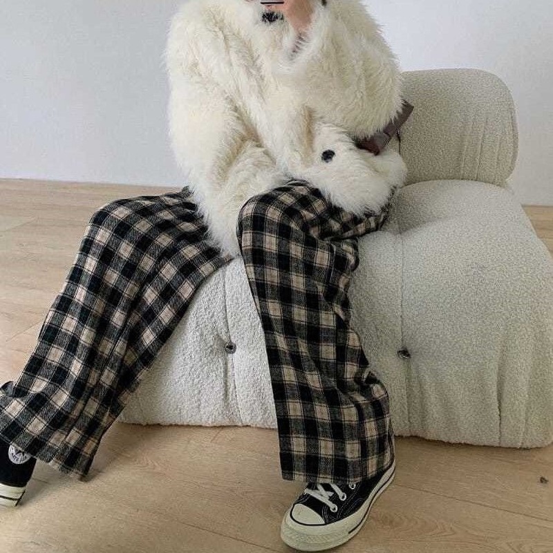 Quần Dài Ống Rộng Họa Tiết Caro Thời Trang Nữ