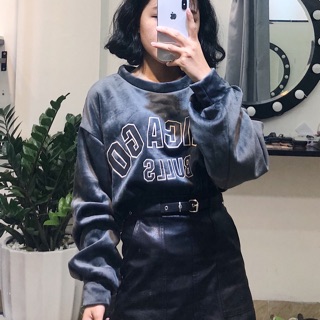 Combo áo nhung đan gấu ghi quần da đan dây size L