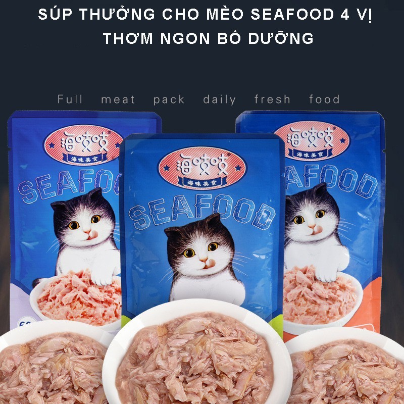 Pate thịt xé cho mèo SEAFOOD 4 vị thơm ngon , bổ dưỡng dành cho thú cưng- 60g csp40