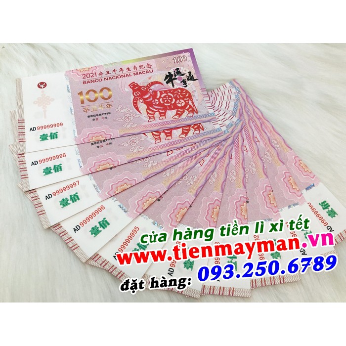 tờ tiền 100 Đô của Macao hình con trâu lì xì tết 2021