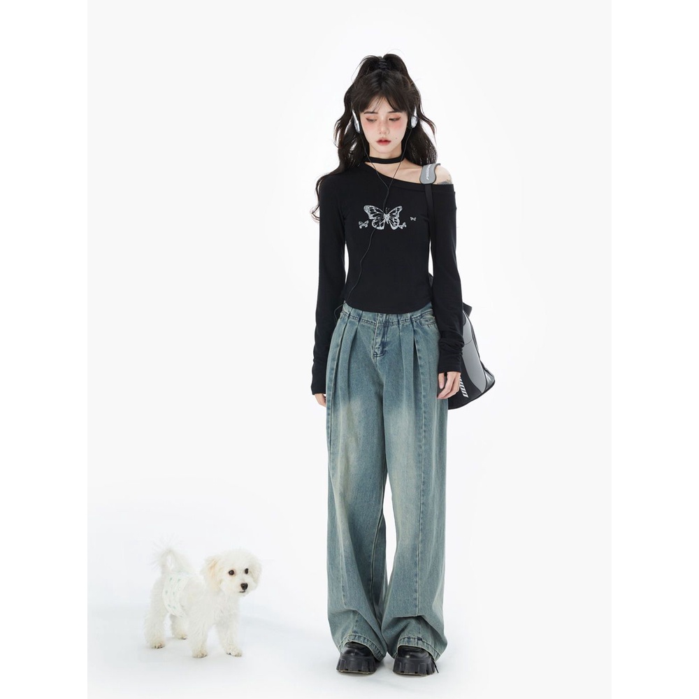 Áo Thun Trễ Vai Dài Tay In Họa Tiết Bướm Phong Cách Hàn Quốc Mới Cho Nữ