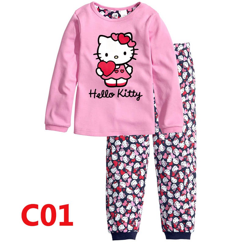 Bộ Đồ Ngủ 2 Món Áo Tay Dài + Quần Dài Vải Cotton In Hoạt Hình Hello Kitty Dễ Thương Cho Bé Gái