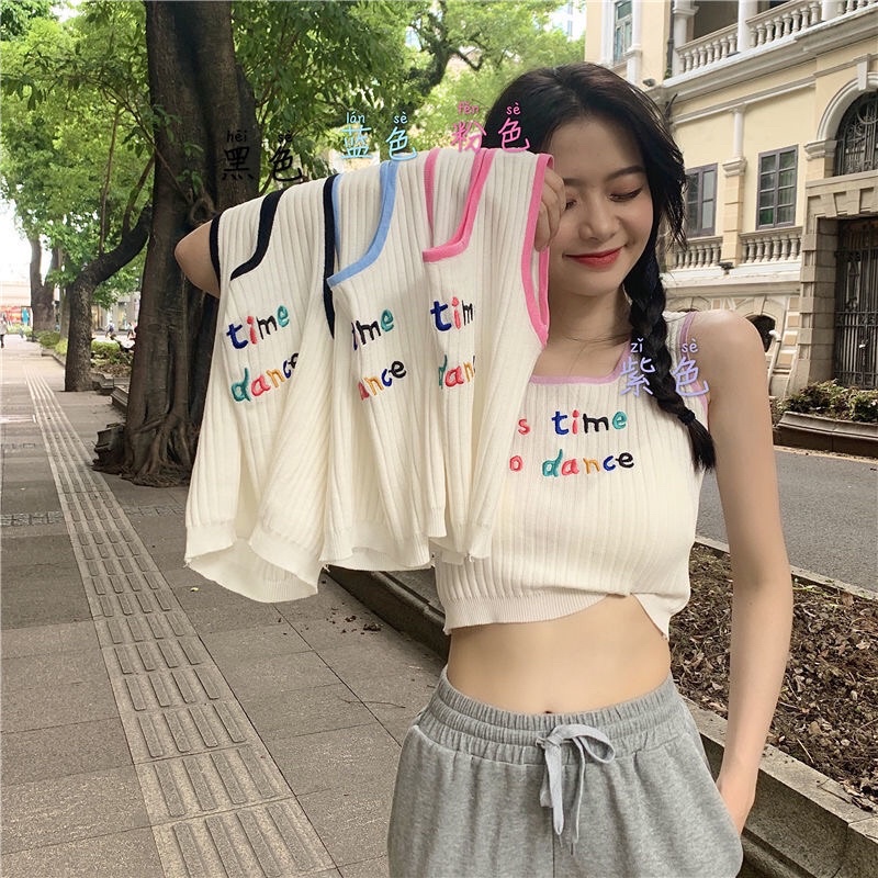Áo sát nách ba lỗ croptop len tăm thêu chữ trẻ trung năng động