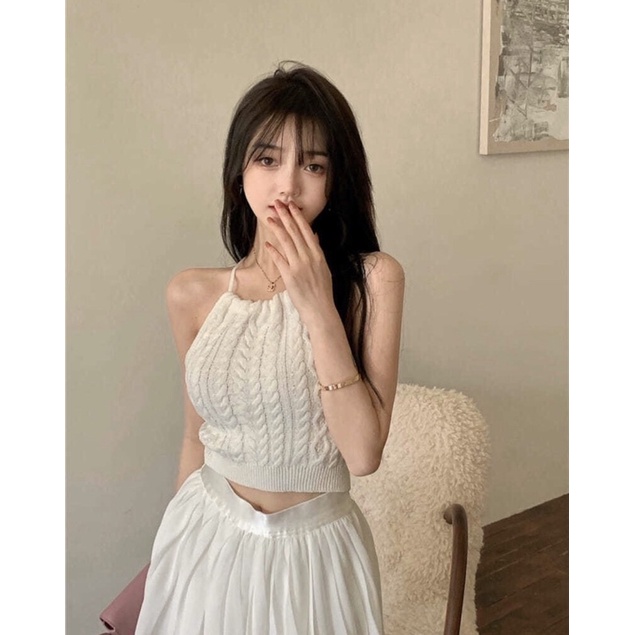 Áo Croptop Hai Dây Cổ Yếm Vải Len Ulzzang Hàn Quốc Màu Đen/Trắng/Xanh/Trắng Kem