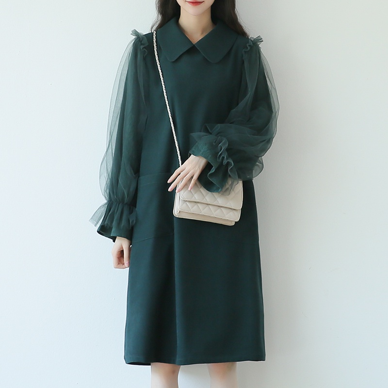 ZHELIHANGFEI Đầm Ngắn Tay Dài Cổ POLO Form Rộng Phong Cách Pháp