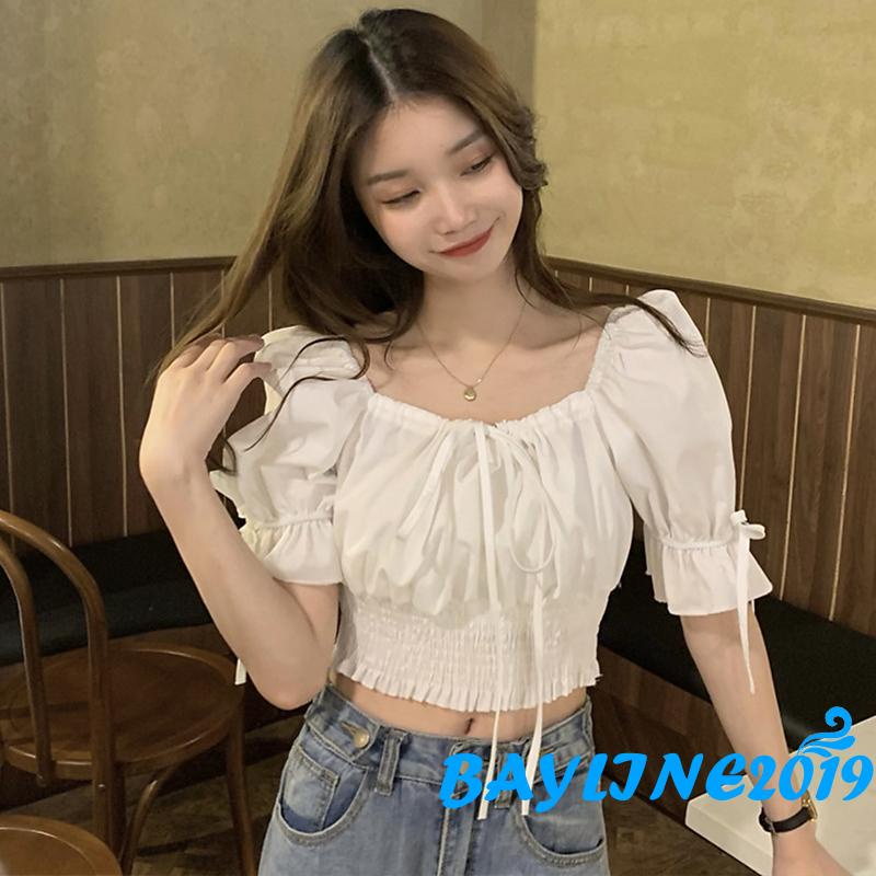 Áo Croptop Tay Phồng Ngắn Màu Trơn Có Dây Rút Thời Trang Cho Nữ